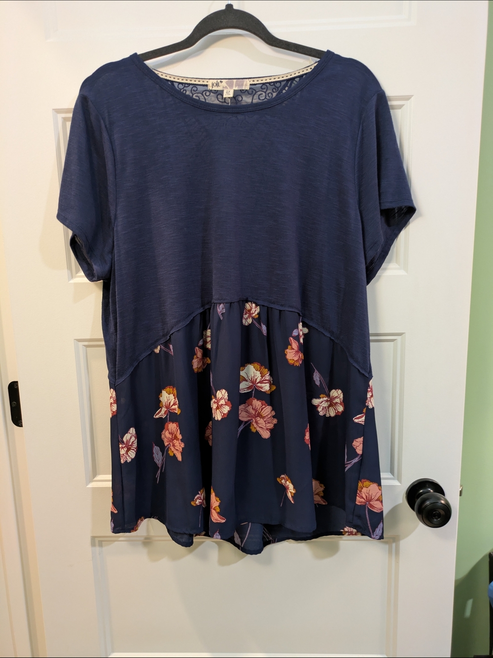 Jolt Navy Short Sleeve Tunic with Floral Hem - Picture 1 of 14
